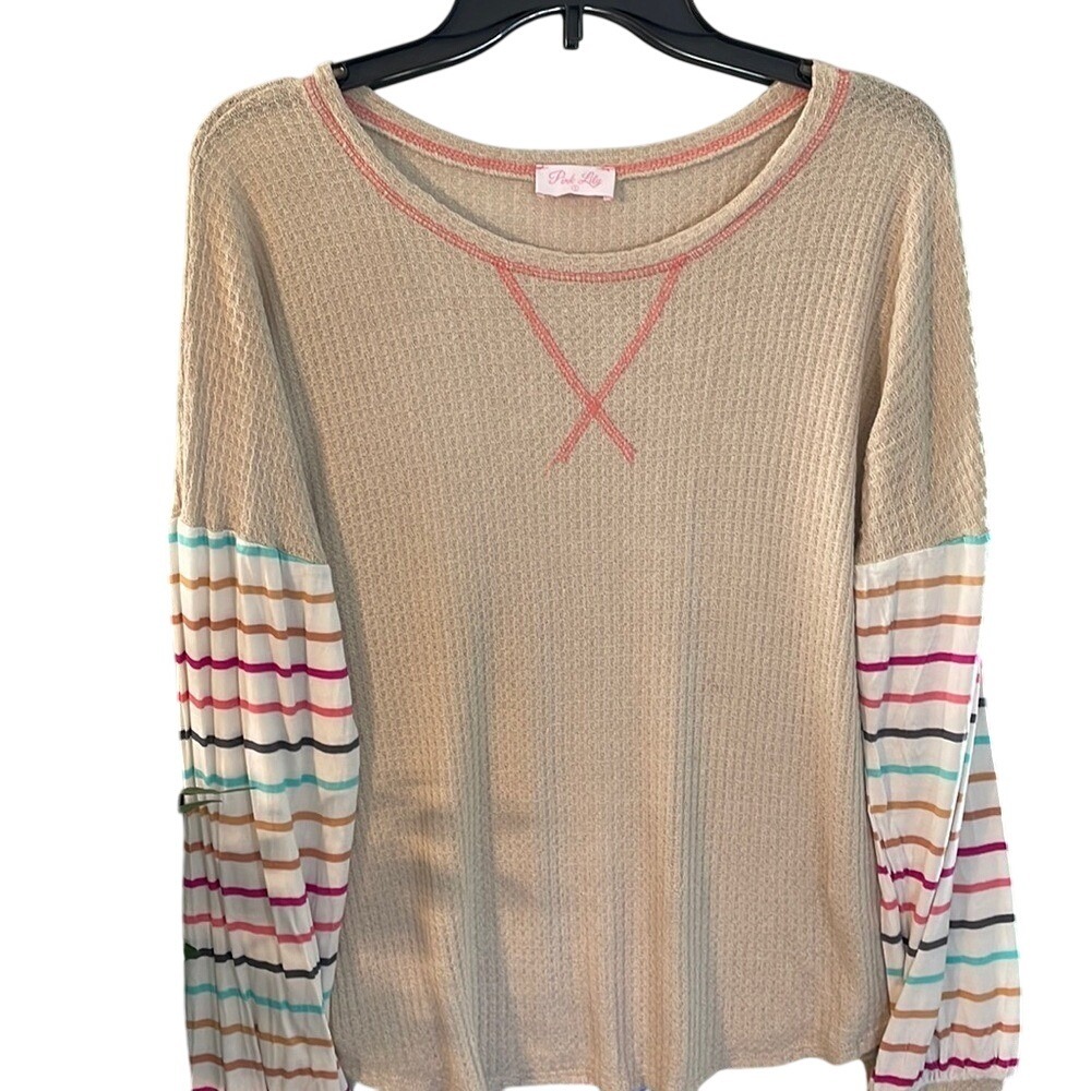 Pink Lily Waffle Knit Striped Balloon Sleeve Top Tan Pink Small P16744 Casual